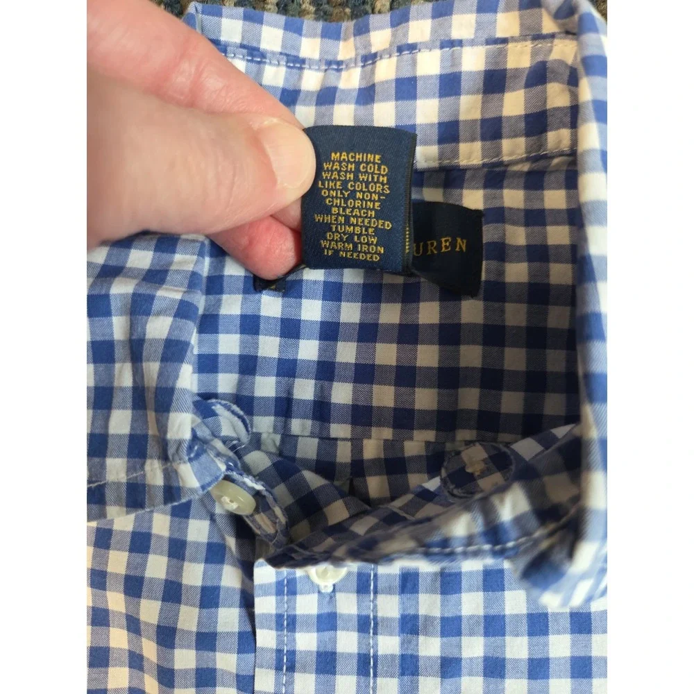Ralph Lauren Kids Blue Gingham Button Down Shirt Size 5 Green Pony Logo Long Slv